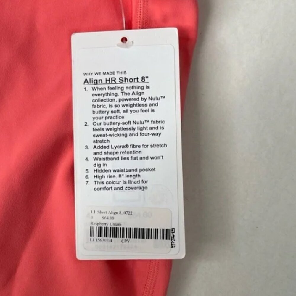 Lululemon Align High Rise Short Raspberry Cream Size 4 NWT - Picture 8 of 9
